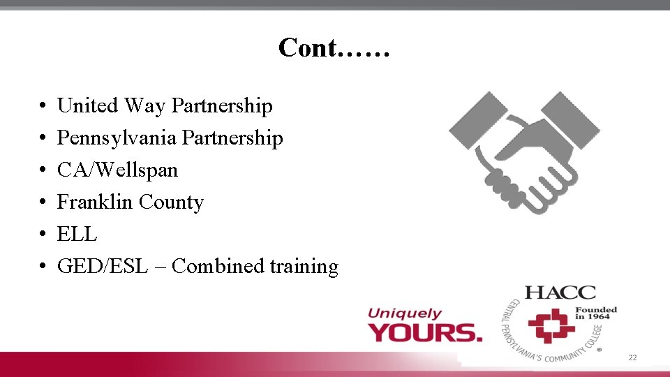 Cont…… • • • United Way Partnership Pennsylvania Partnership CA/Wellspan Franklin County ELL GED/ESL