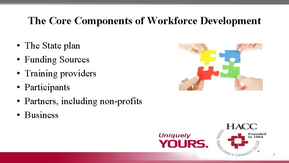 The Core Components of Workforce Development • • • The State plan Funding Sources