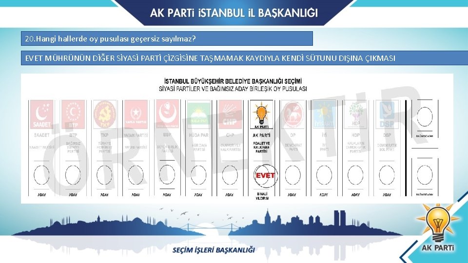 20. Hangi hallerde oy pusulası geçersiz sayılmaz? EVET MÜHRÜNÜN DİĞER SİYASİ PARTİ ÇİZGİSİNE TAŞMAMAK