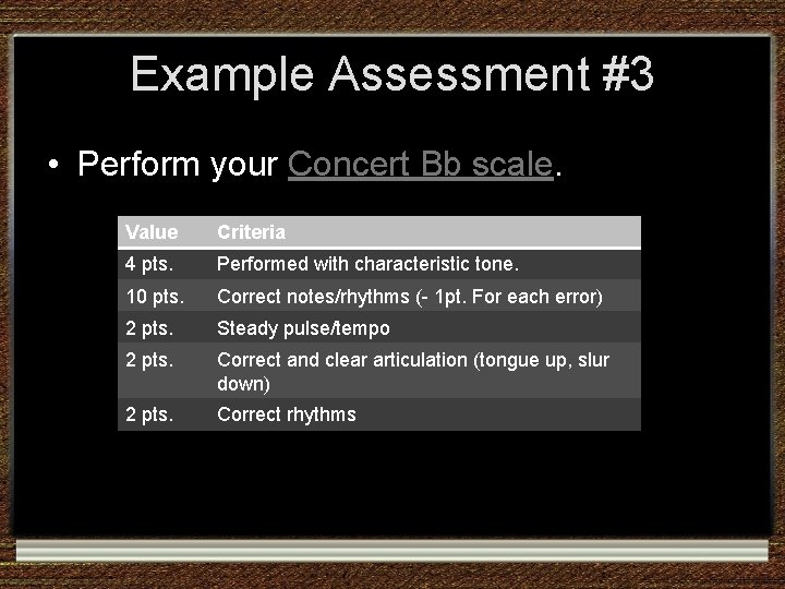 Example Assessment #3 • Perform your Concert Bb scale. Value Criteria 4 pts. Performed Example Assessment #3 • Perform your Concert Bb scale. Value Criteria 4 pts. Performed