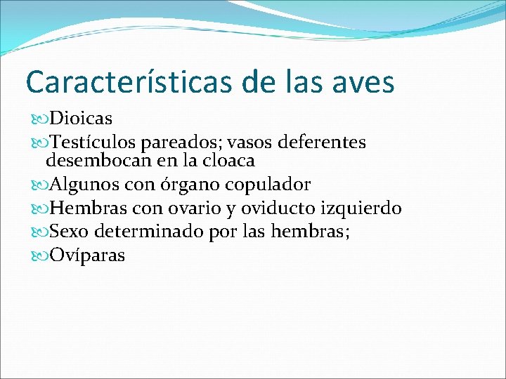 Características de las aves Dioicas Testículos pareados; vasos deferentes desembocan en la cloaca Algunos