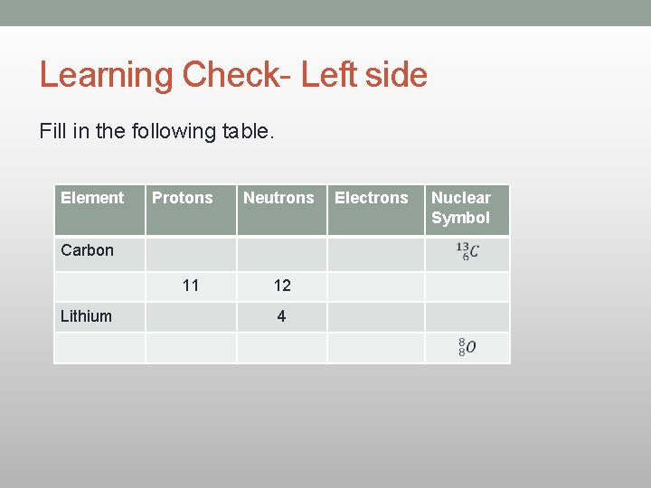 Learning Check- Left side Fill in the following table. Element Protons Neutrons Carbon 11 Learning Check- Left side Fill in the following table. Element Protons Neutrons Carbon 11