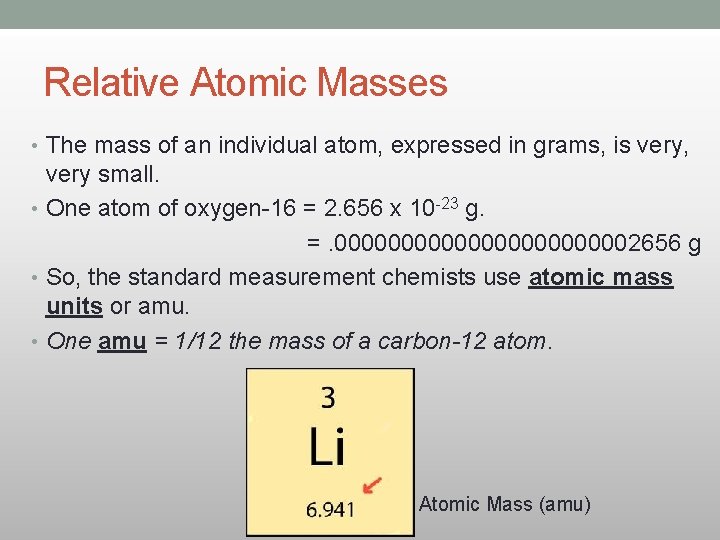 Relative Atomic Masses • The mass of an individual atom, expressed in grams, is Relative Atomic Masses • The mass of an individual atom, expressed in grams, is