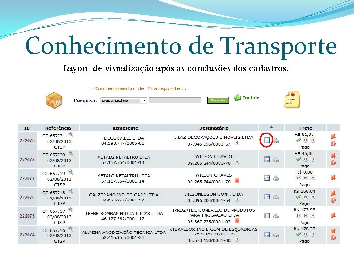 Conhecimento de Transporte Layout de visualização após as conclusões dos cadastros. 
