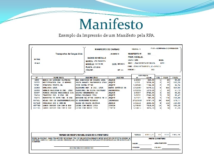 Manifesto Exemplo da Impressão de um Manifesto pela RPA. 