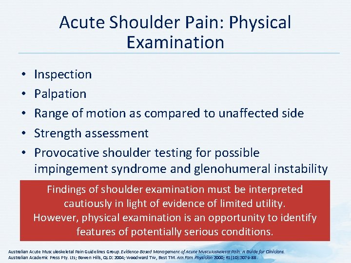 Acute Shoulder Pain: Physical Examination • • • Inspection Palpation Range of motion as