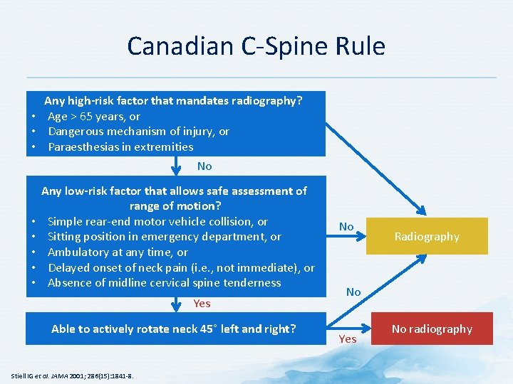 Canadian C-Spine Rule Any high-risk factor that mandates radiography? • Age > 65 years,