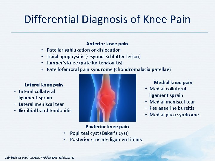 Differential Diagnosis of Knee Pain • • Anterior knee pain Patellar subluxation or dislocation