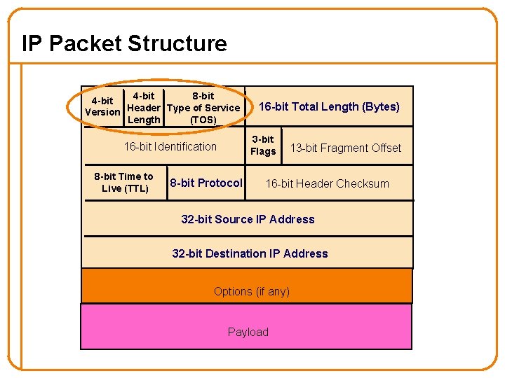 IP Packet Structure 4 -bit 8 -bit 4 -bit Version Header Type of Service IP Packet Structure 4 -bit 8 -bit 4 -bit Version Header Type of Service