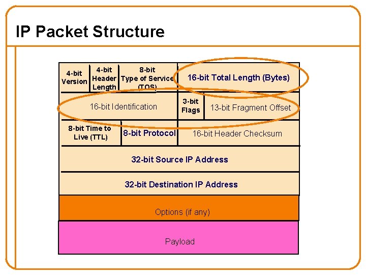 IP Packet Structure 4 -bit 8 -bit 4 -bit Version Header Type of Service IP Packet Structure 4 -bit 8 -bit 4 -bit Version Header Type of Service