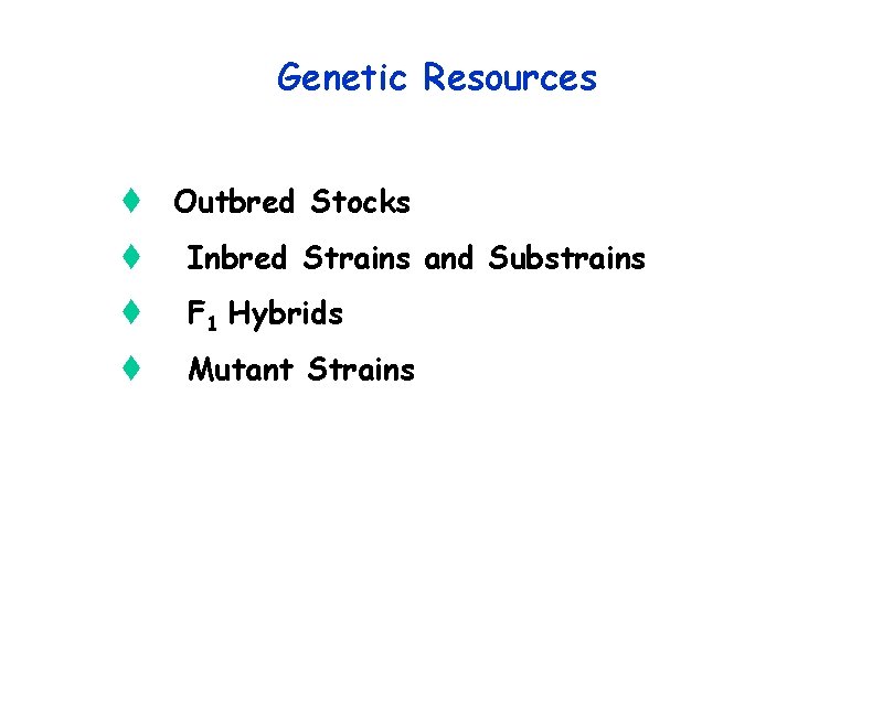 Genetic Resources t Outbred Stocks t Inbred Strains and Substrains t F 1 Hybrids