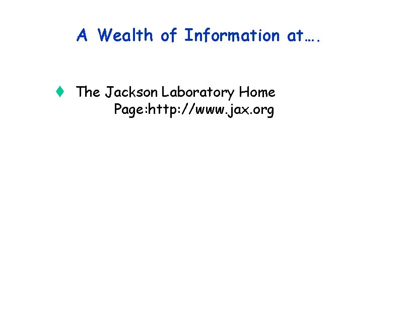 A Wealth of Information at…. t The Jackson Laboratory Home Page: http: //www. jax.