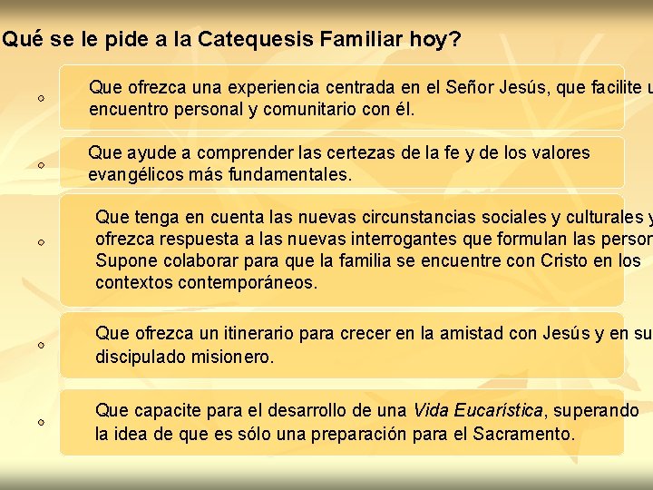 ¿Qué se le pide a la Catequesis Familiar hoy? Que ofrezca una experiencia centrada