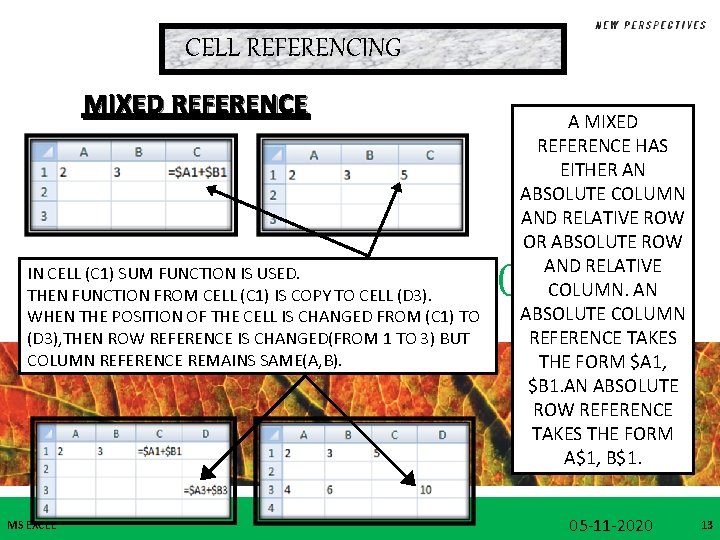 CELL REFERENCING MIXED REFERENCE A MIXED REFERENCE HAS EITHER AN ABSOLUTE COLUMN AND RELATIVE