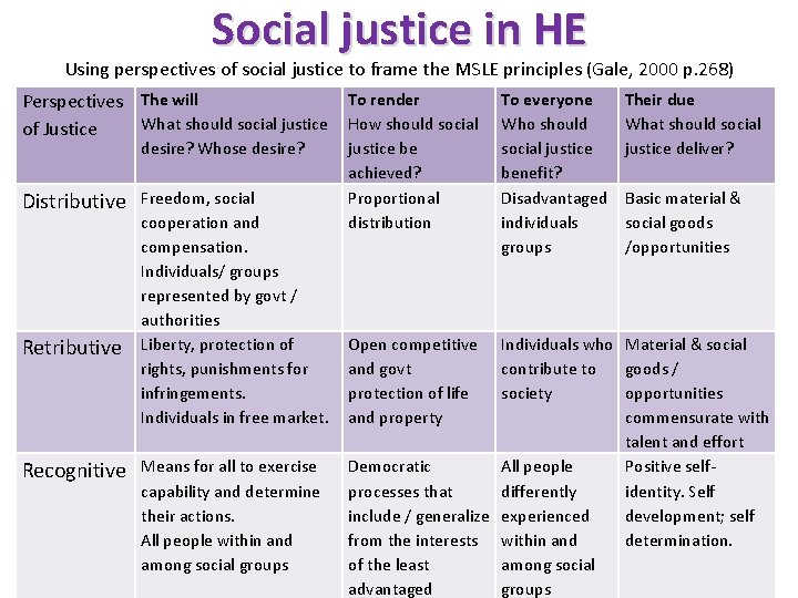 Social justice in HE Using perspectives of social justice to frame the MSLE principles