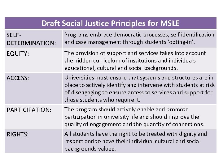Draft Social Justice Principles for MSLE SELFDETERMINATION: Programs embrace democratic processes, self identification and