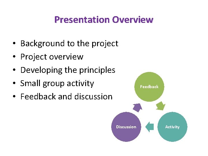 Presentation Overview • • • Background to the project Project overview Developing the principles