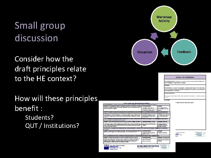 Workshop Activity Small group discussion Consider how the draft principles relate to the HE