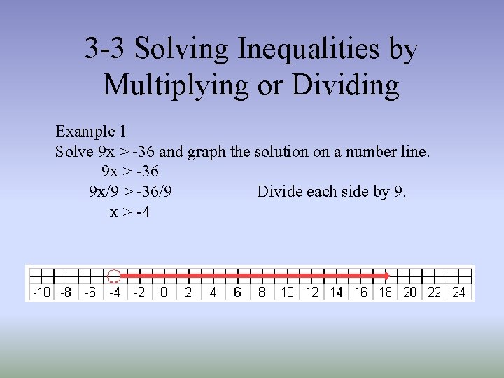 3 -3 Solving Inequalities by Multiplying or Dividing Example 1 Solve 9 x > 3 -3 Solving Inequalities by Multiplying or Dividing Example 1 Solve 9 x >