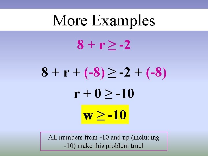 More Examples 8 + r ≥ -2 8 + r + (-8) ≥ -2 More Examples 8 + r ≥ -2 8 + r + (-8) ≥ -2