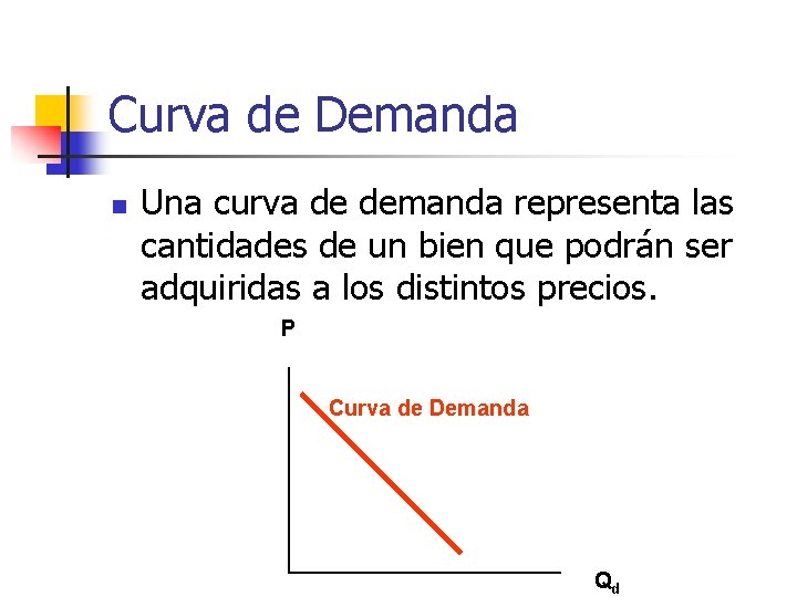 Curva de Demanda n Una curva de demanda representa las cantidades de un bien