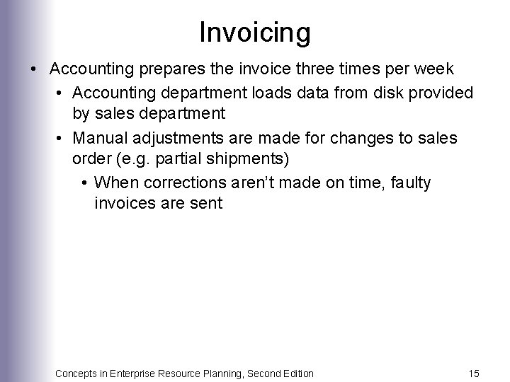 Invoicing • Accounting prepares the invoice three times per week • Accounting department loads