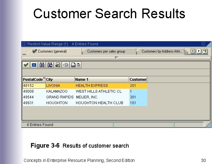 Customer Search Results Figure 3 -6 Results of customer search Concepts in Enterprise Resource