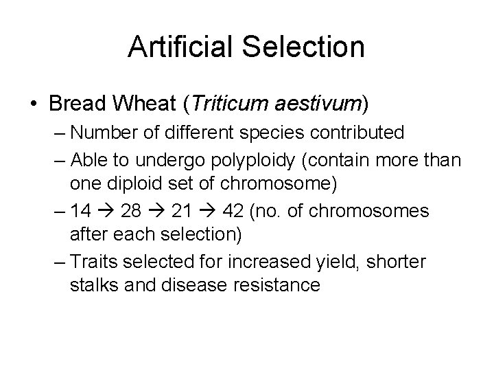 Artificial Selection • Bread Wheat (Triticum aestivum) – Number of different species contributed –