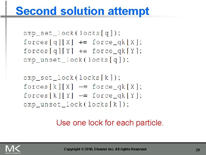 Second solution attempt Use one lock for each particle. Copyright © 2010, Elsevier Inc.