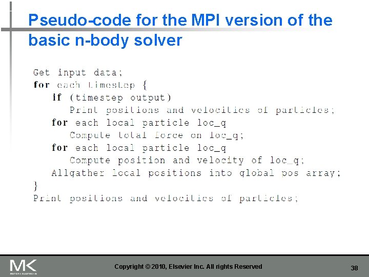 Pseudo-code for the MPI version of the basic n-body solver Copyright © 2010, Elsevier