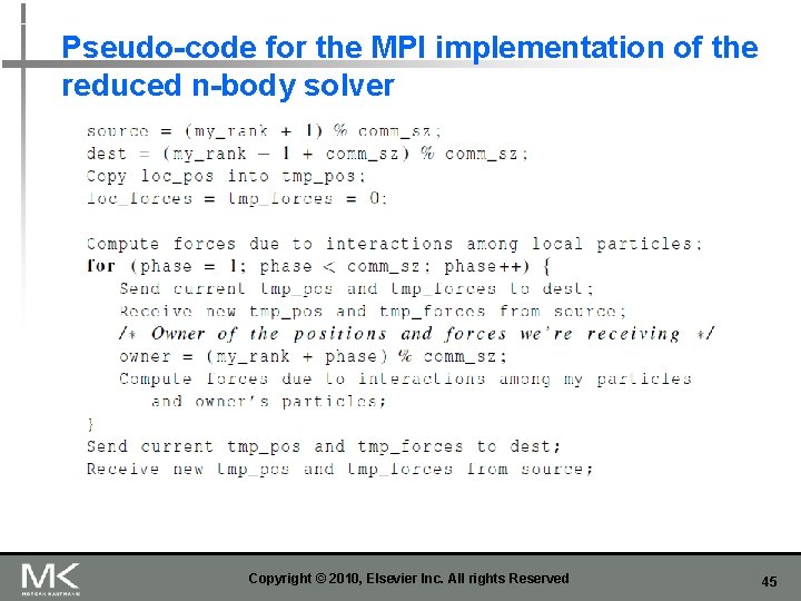 Pseudo-code for the MPI implementation of the reduced n-body solver Copyright © 2010, Elsevier