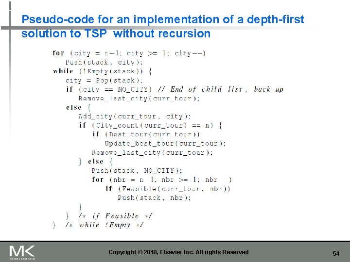 Pseudo-code for an implementation of a depth-first solution to TSP without recursion Copyright ©