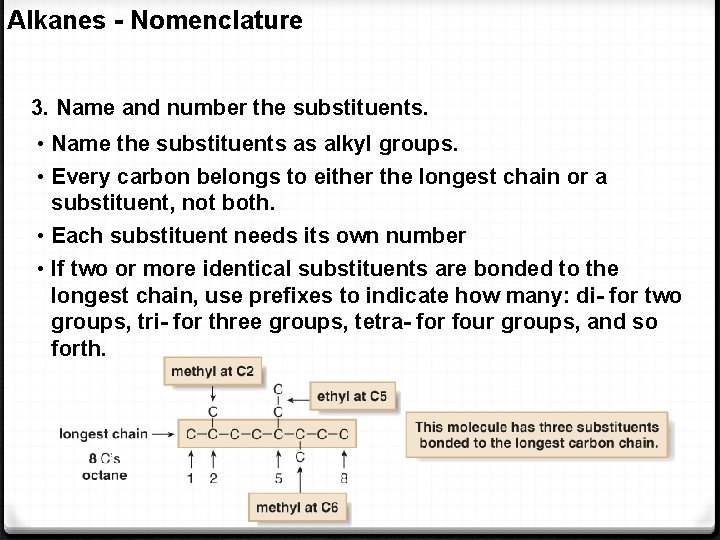 Alkanes - Nomenclature 3. Name and number the substituents. • Name the substituents as