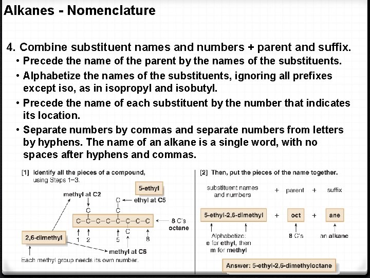 Alkanes - Nomenclature 4. Combine substituent names and numbers + parent and suffix. •