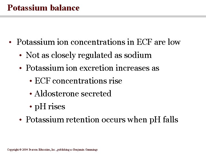 Potassium balance • Potassium ion concentrations in ECF are low • Not as closely