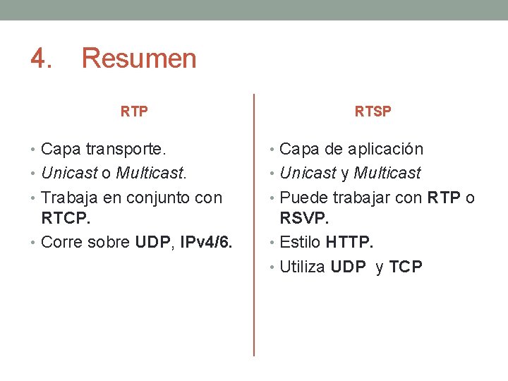 4. Resumen RTP RTSP • Capa transporte. • Capa de aplicación • Unicast o