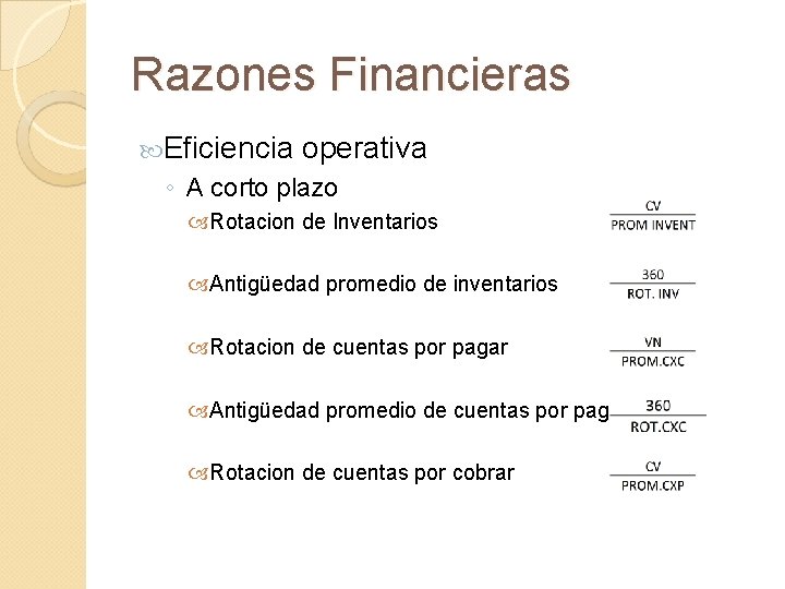 Razones Financieras Eficiencia operativa ◦ A corto plazo Rotacion de Inventarios Antigüedad promedio de