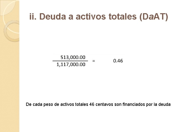 ii. Deuda a activos totales (Da. AT) De cada peso de activos totales 46