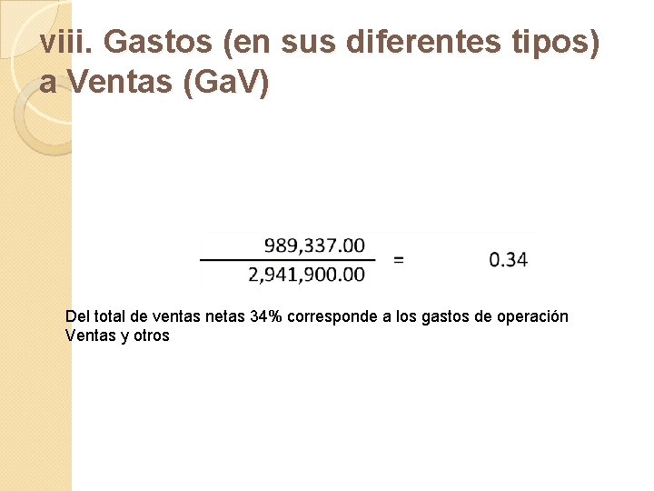 viii. Gastos (en sus diferentes tipos) a Ventas (Ga. V) Del total de ventas