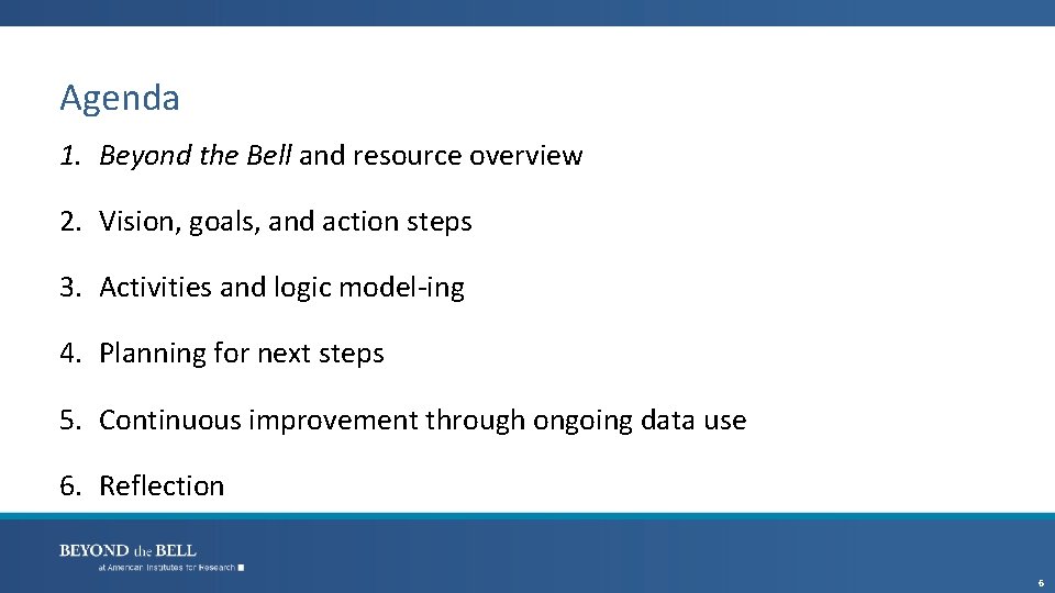 Agenda 1. Beyond the Bell and resource overview 2. Vision, goals, and action steps