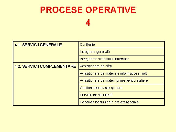 PROCESE OPERATIVE 4 4. 1. SERVICII GENERALE Curăţenie Întreţinere generală Întreţinerea sistemului informatic 4.