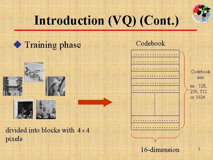 Introduction (VQ) (Cont. ) u Training phase Codebook ………………. …. divided into blocks with