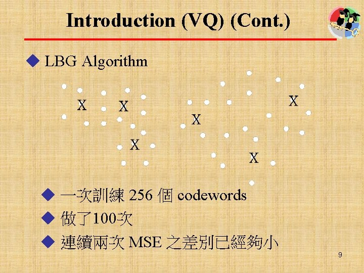 Introduction (VQ) (Cont. ) u LBG Algorithm u 一次訓練 256 個 codewords u 做了100次