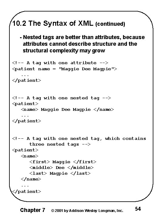 10. 2 The Syntax of XML (continued) - Nested tags are better than attributes,