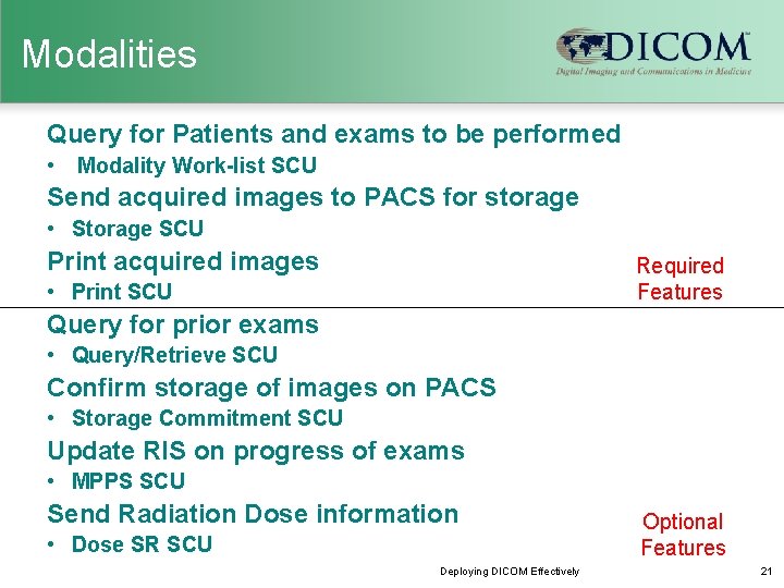 Modalities Query for Patients and exams to be performed • Modality Work-list SCU Send