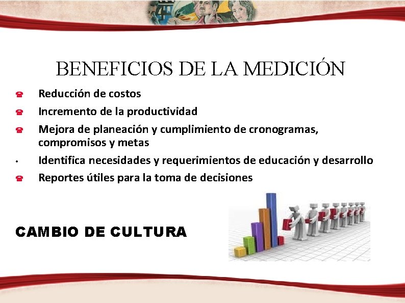 BENEFICIOS DE LA MEDICIÓN • Reducción de costos Incremento de la productividad Mejora de