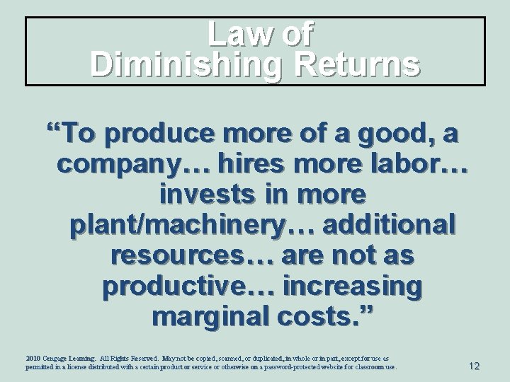 Law of Diminishing Returns “To produce more of a good, a company… hires more