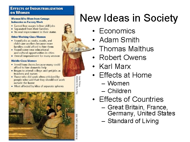 New Ideas in Society • • • Economics Adam Smith Thomas Malthus Robert Owens