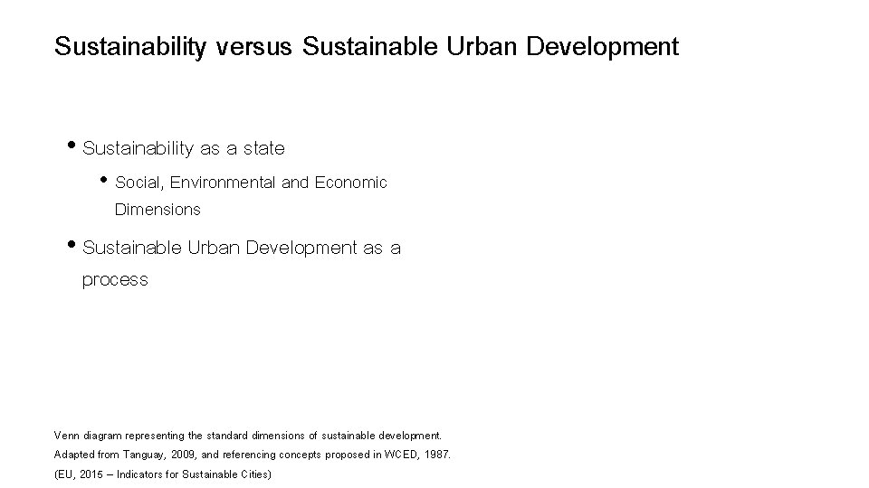 Sustainability versus Sustainable Urban Development • Sustainability as a state • Social, Environmental and