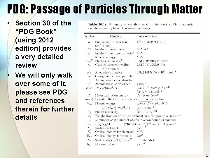 PDG: Passage of Particles Through Matter • Section 30 of the “PDG Book” (using
